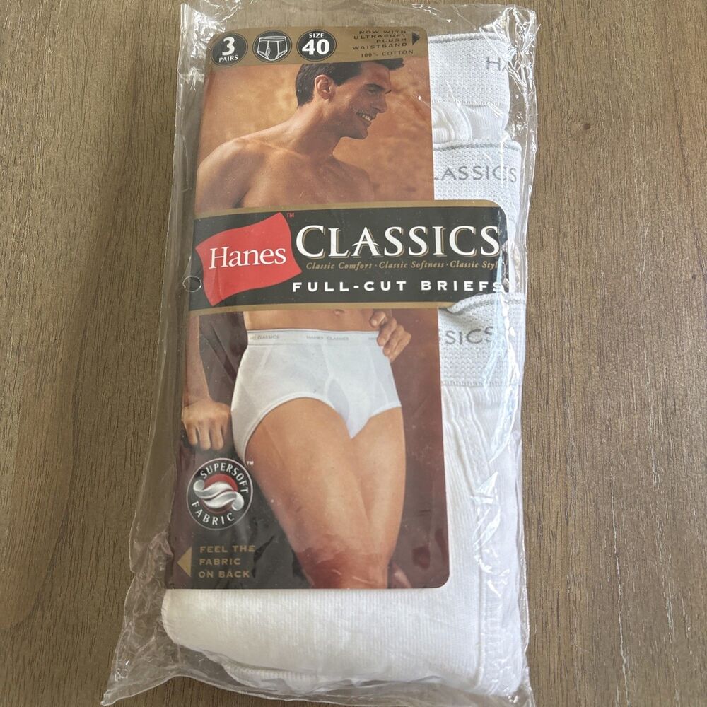 Vintage Hanes Classics Full-Cut Briefs 3 Pack Sz 40 White Cotton 2001 Cotton NEW
